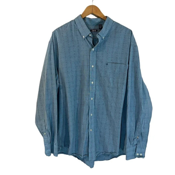 Izod Light Blue Plaid Button Up Shirt XXL Long Sleeves Collared Front Pocket Top - Picture 1 of 8